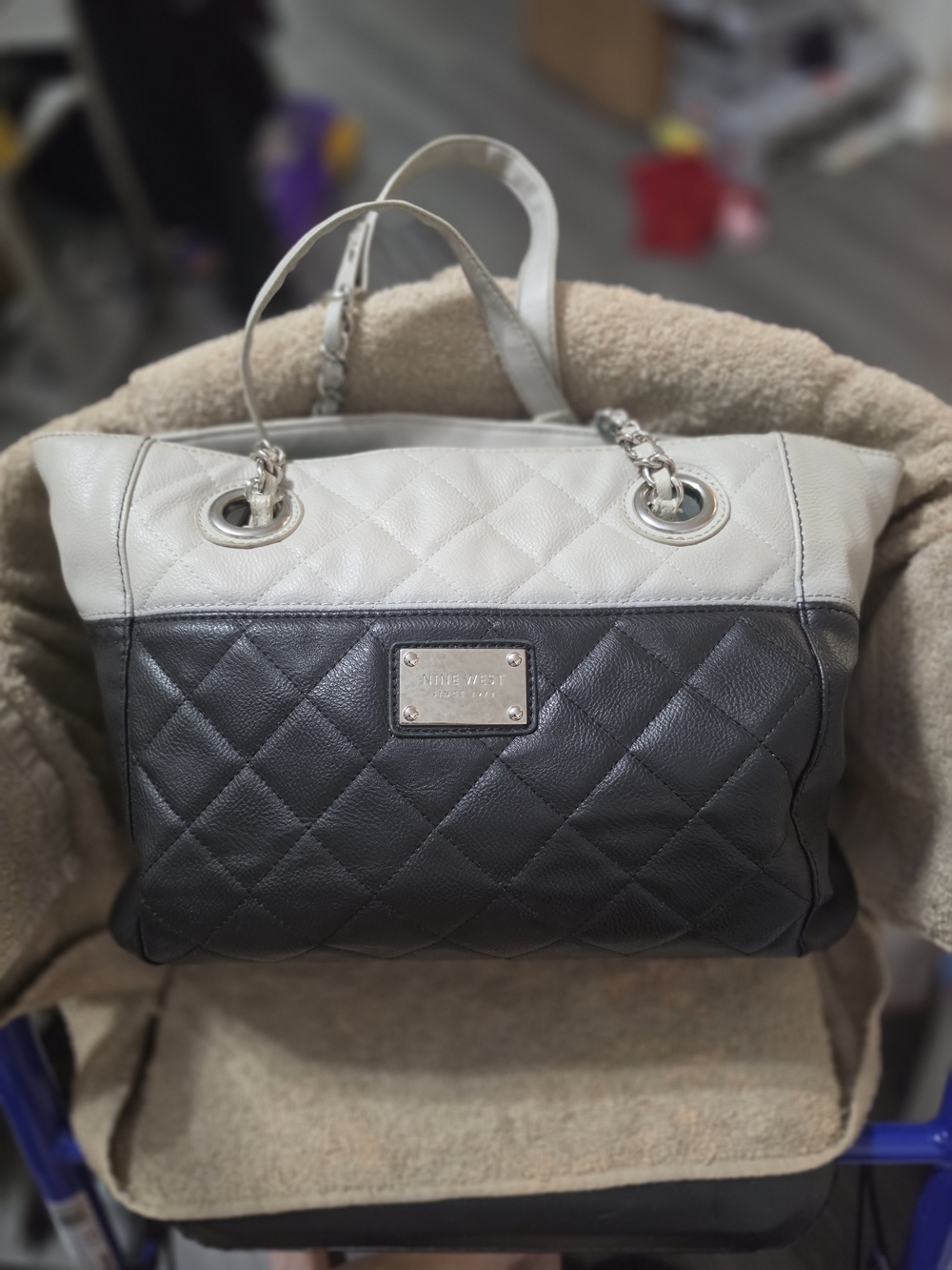 Nine West Quilted Two-Tone Tote Bag in Black and White